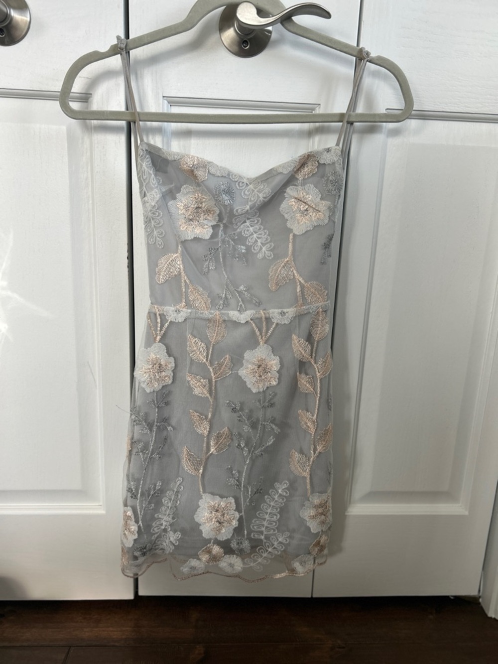 Lucy in the Sky Gray Slip Dress with Blush Floral Embroidery